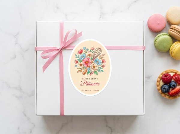 Étiquette ovale sur une boîte de pâtisserie
