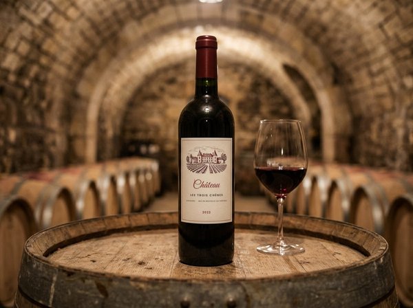 Étiquette de vin sur bouteille dans une cave