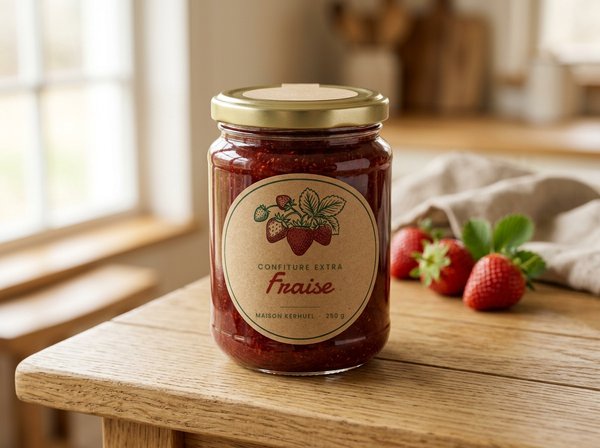 Étiquette adhésive kraft sur un pot de confiture artisanale