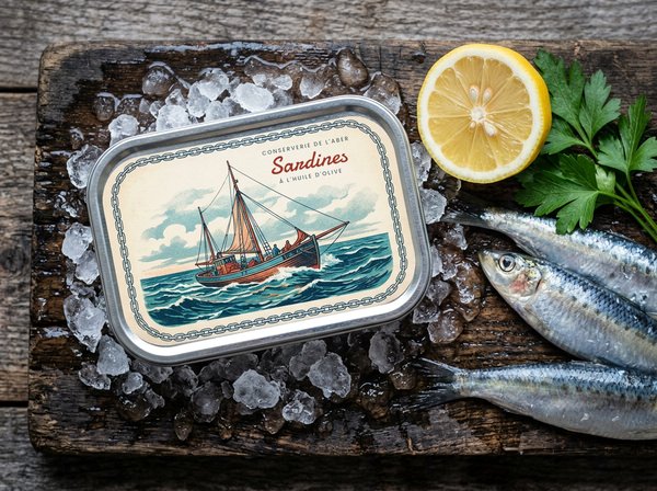 Étiquette adhésive illustrée sur une boîte de sardines