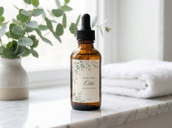 Étiquette sur flacon compte-gouttes de sérum cosmétique