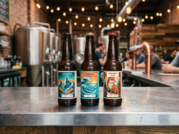 Étiquettes quadri sur bouteilles de bière artisanale