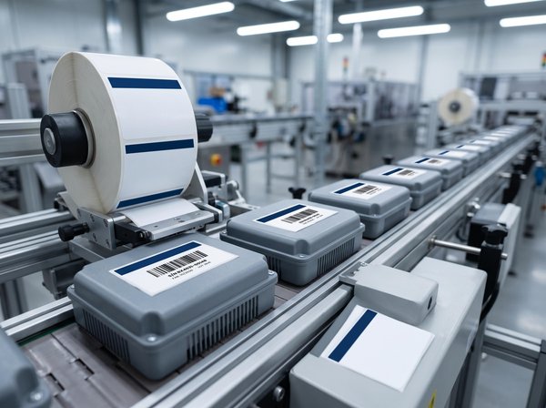 Ligne de production : étiquettes vierges sur bobine, pose automatique et étiquettes à code-barres sur boîtiers