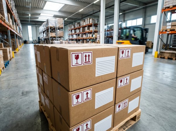 Étiquettes logistiques sur colis en entrepôt